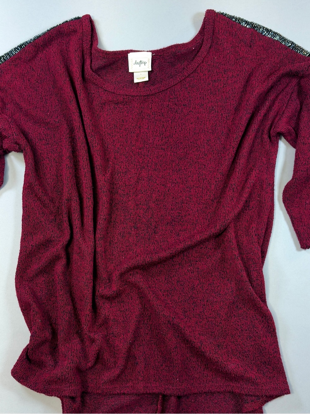 Daytrip Beaded Shoulder Knit Sweater Top Burgundy Black Beads 3/4 Sleeve